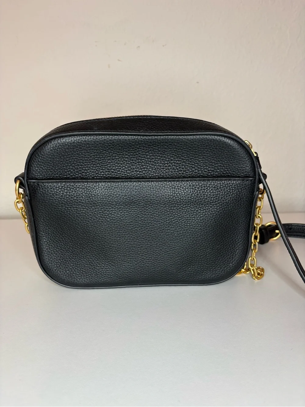 Tory Burch Black Pebbled Leather McGraw Camera Crossbody Bag gold hardware